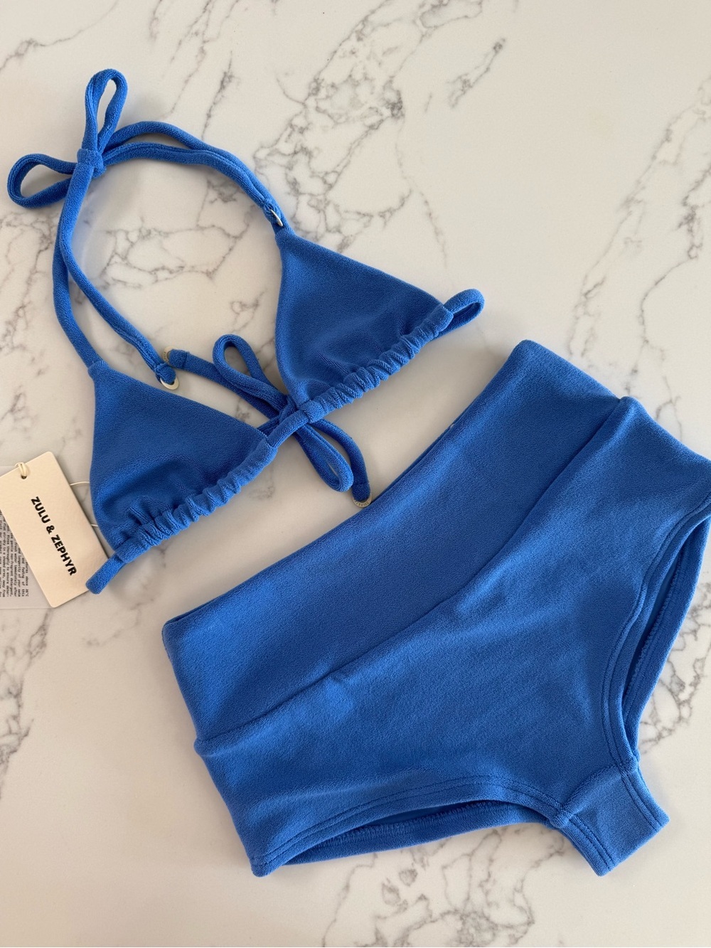 Zulu & Zephyr Towelling Triangle Top & Boy Short Bikini SET - Blue - Size US 6